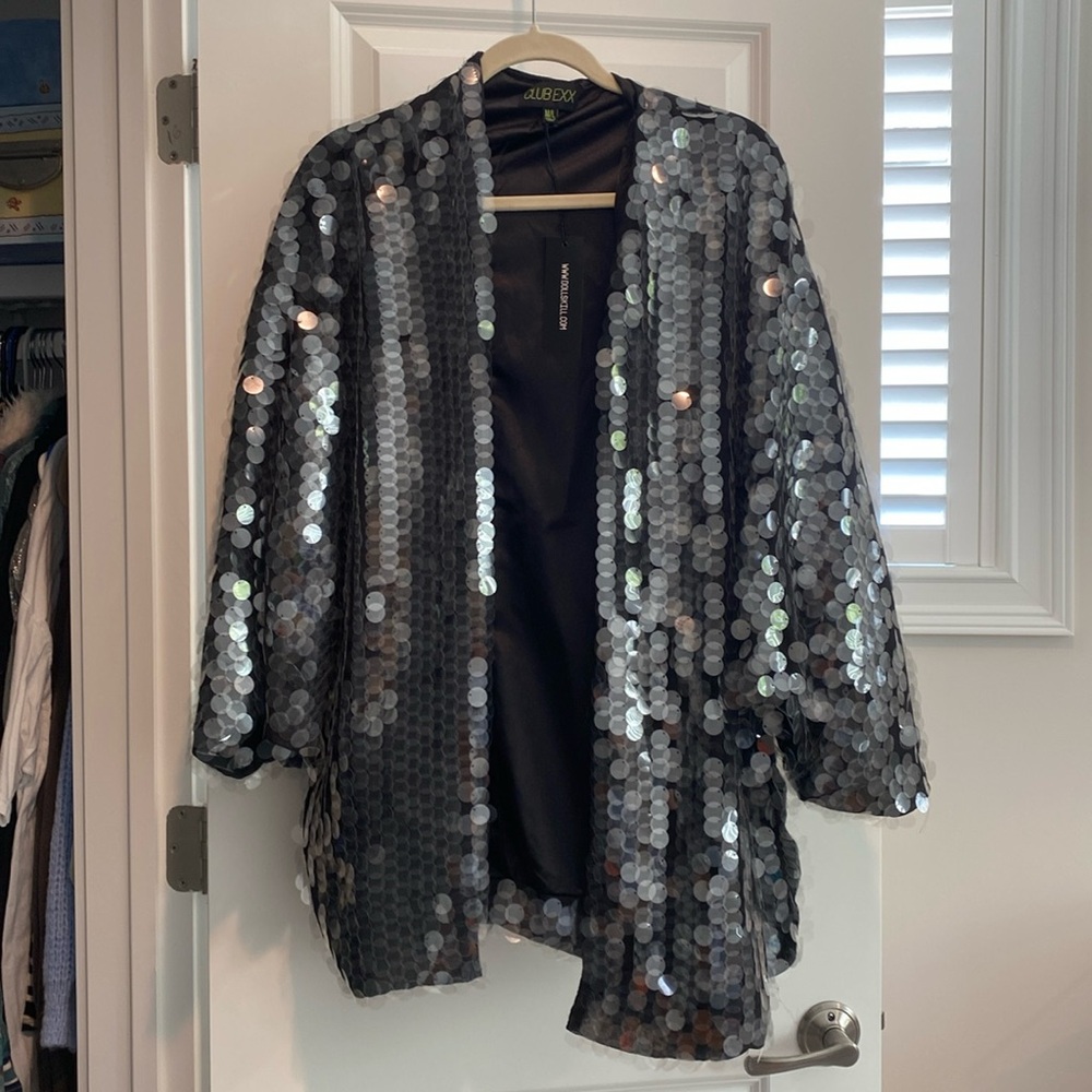 Dolls Kill Black Silver Sequin Open Kimono Jacket